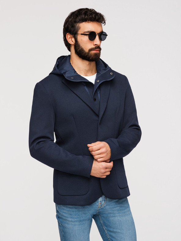 Ombre Clothing Pánska štruktúrovaná bunda s kapucňou a vysokým límcom - tmavě modrá V3 M167 Ombre Clothing
