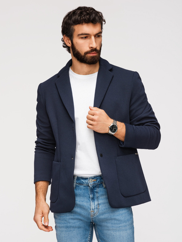 Ombre Clothing Pánska štruktúrovaná bunda s kapucňou a vysokým límcom - tmavě modrá V3 M167 Ombre Clothing