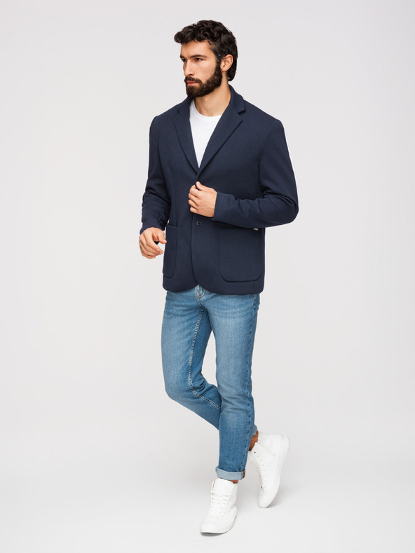 Ombre Clothing Pánska štruktúrovaná bunda s kapucňou a vysokým límcom - tmavě modrá V3 M167 Ombre Clothing