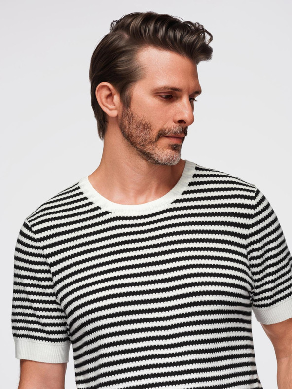 Ombre Clothing Pánske námorníckej pruhované pletené tričko s prerušovanou väzbou - čiernobiele