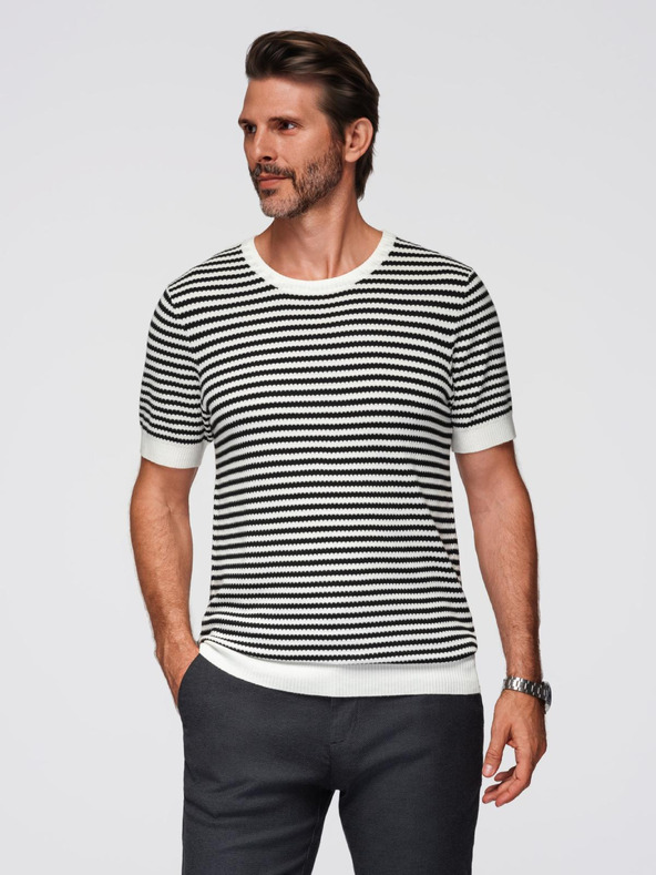 Ombre Clothing Pánske námorníckej pruhované pletené tričko s prerušovanou väzbou - čiernobiele