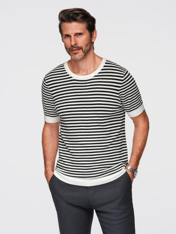 Ombre Clothing Pánske námorníckej pruhované pletené tričko s prerušovanou väzbou - čiernobiele