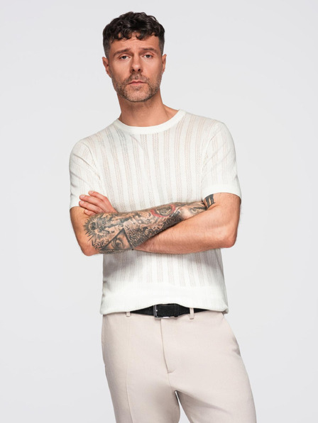 Ombre Clothing Pánsky sveter s okrúhlym výstrihom a krátkymi rukávmi - biely