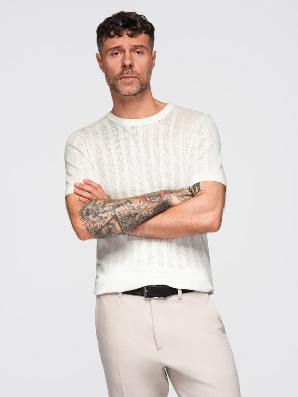 Ombre Clothing Pánsky sveter s okrúhlym výstrihom a krátkymi rukávmi - biely