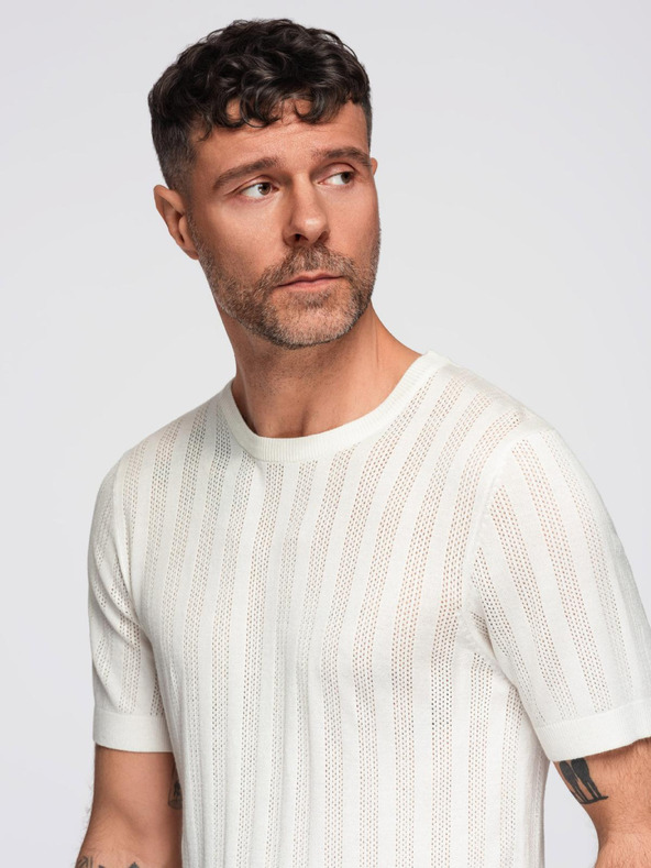 Ombre Clothing Pánsky sveter s okrúhlym výstrihom a krátkymi rukávmi - biely