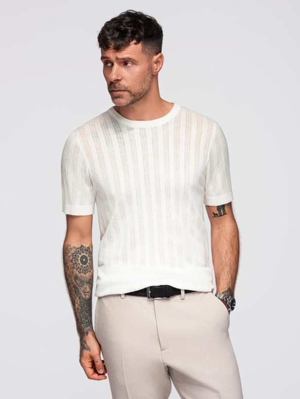 Ombre Clothing Pánsky sveter s okrúhlym výstrihom a krátkymi rukávmi - biely