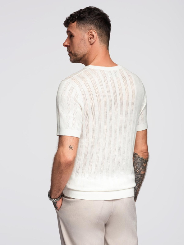 Ombre Clothing Pánsky sveter s okrúhlym výstrihom a krátkymi rukávmi - biely