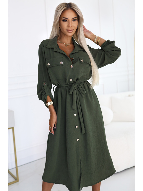numoco 531-5 Midi košeľové šaty so zlatými gombíkmi a kravatou - KHAKI