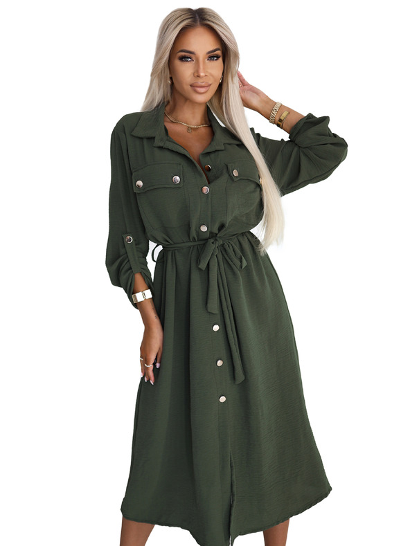 numoco 531-5 Midi košeľové šaty so zlatými gombíkmi a kravatou - KHAKI
