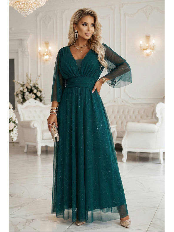 numoco Dlhé, trblietavé šaty plus size s okrúhlym výstrihom a priehľadnými rukávmi - fľaškovozlená