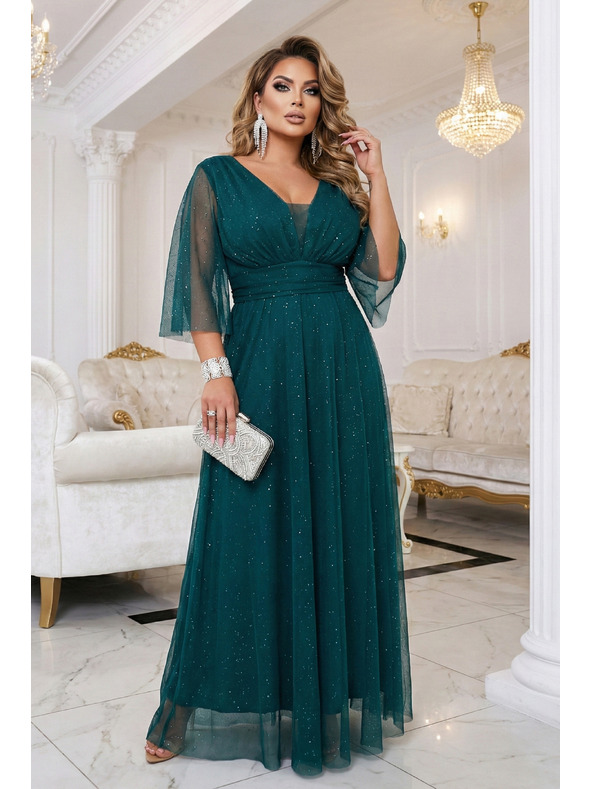 numoco Dlhé, trblietavé šaty plus size s okrúhlym výstrihom a priehľadnými rukávmi - fľaškovozlená