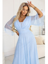 numoco Dlhé lesklé šaty plus size s výstrihom a priehľadným rukávom - svetlo modrá