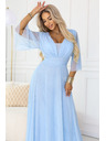numoco Dlhé lesklé šaty plus size s výstrihom a priehľadným rukávom - svetlo modrá