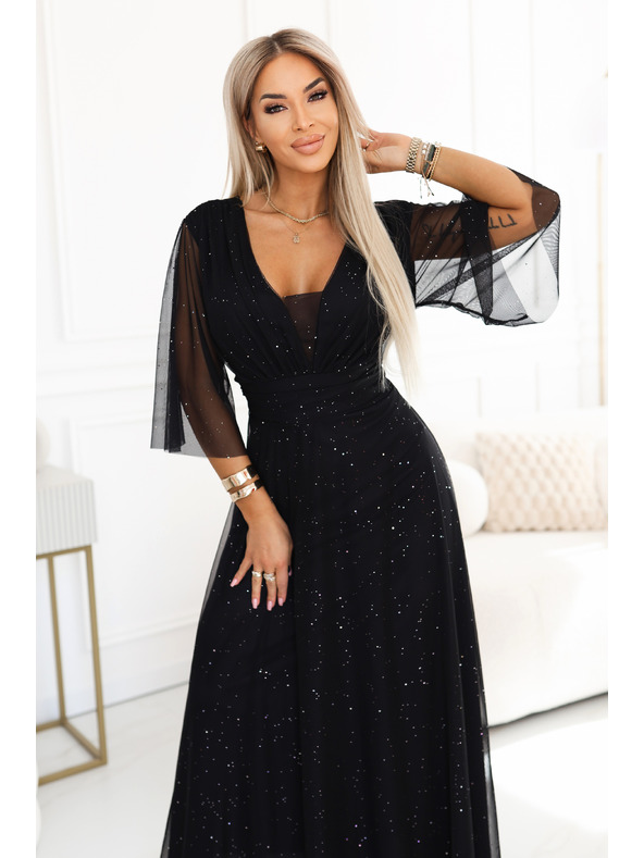 numoco Dlhé trblietavé šaty plus size s výstrihom a priehľadným rukávkom - čierne