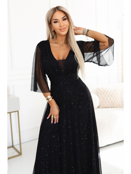 numoco Dlhé trblietavé šaty plus size s výstrihom a priehľadným rukávkom - čierne