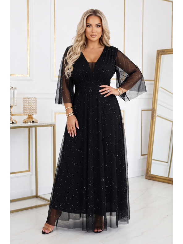 numoco Dlhé trblietavé šaty plus size s výstrihom a priehľadným rukávkom - čierne