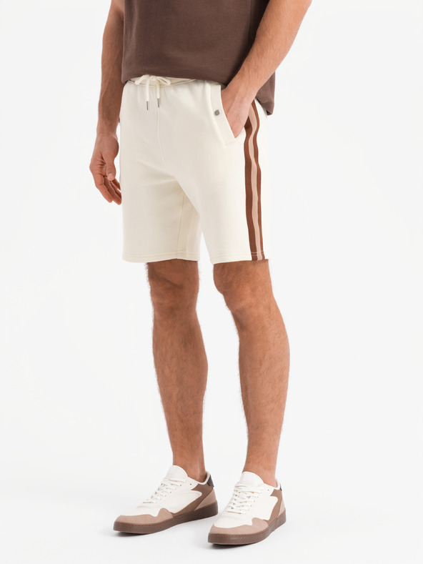 Ombre Clothing Sada dvoch pánskych teplákových šoriek s pruhmi - krémová/olivová V2 Z128 Ombre Clothing