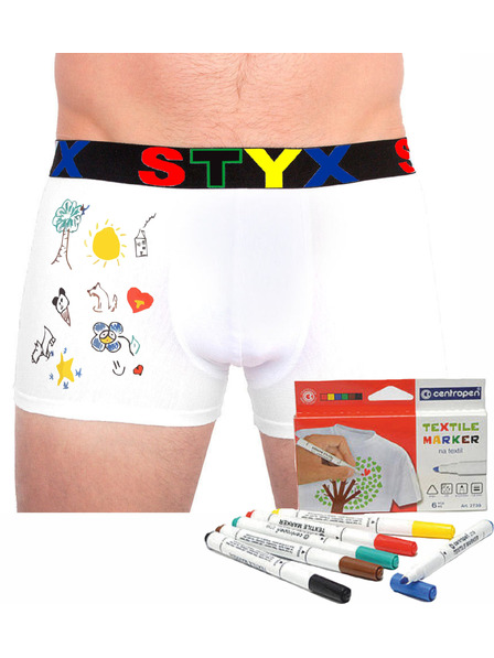 Styx Pánske boxerky Styx športová guma biele + fixy na textil