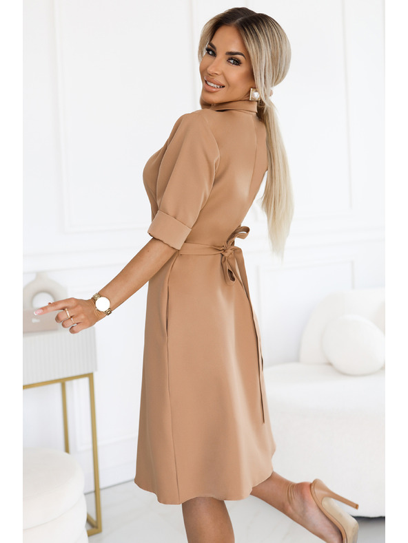 numoco Voľné košeľové šaty s opaskom - MOCHA MOUSSE