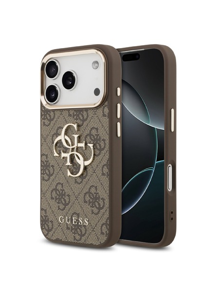 Guess Guess PU Leather 4G Metal Logo Gold Frame Zadný Kryt pre iPhone 17 Pro Max Brown