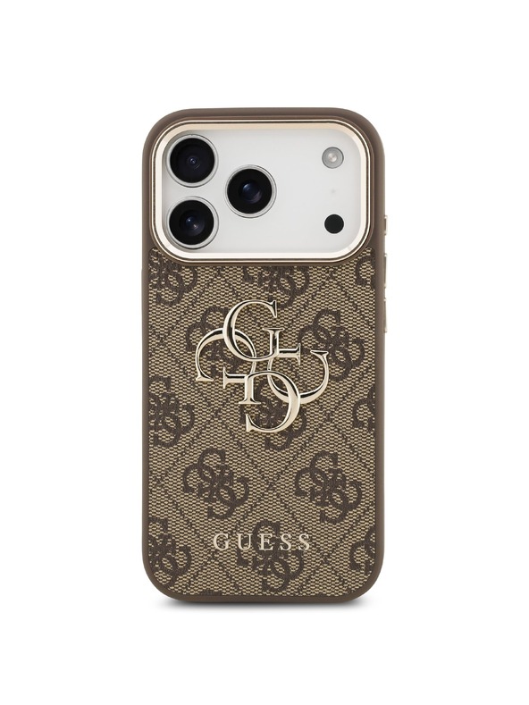 Guess Guess PU Leather 4G Metal Logo Gold Frame Zadný Kryt pre iPhone 17 Pro Max Brown