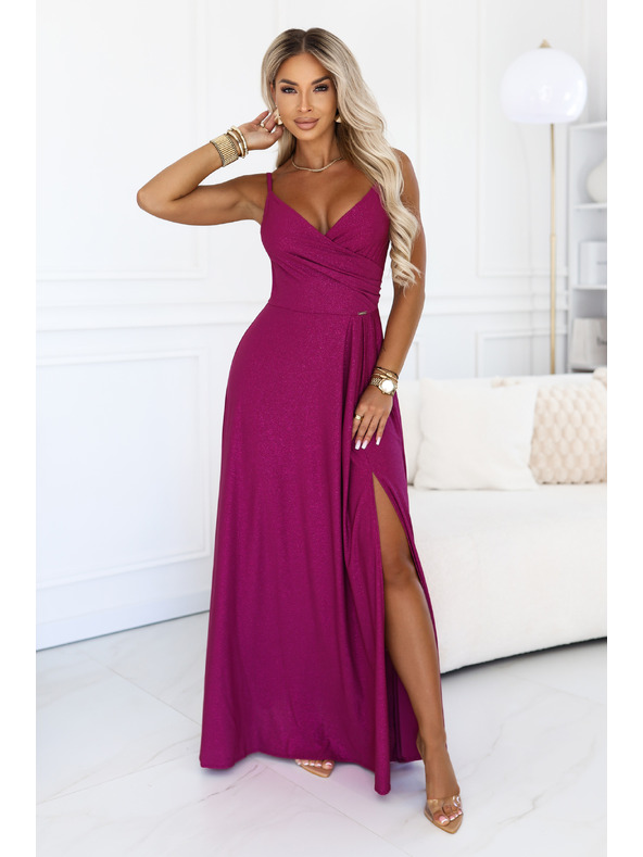 numoco CHIARA Večerné maxi dlhé šaty na ramienka - brokátová fuchsia