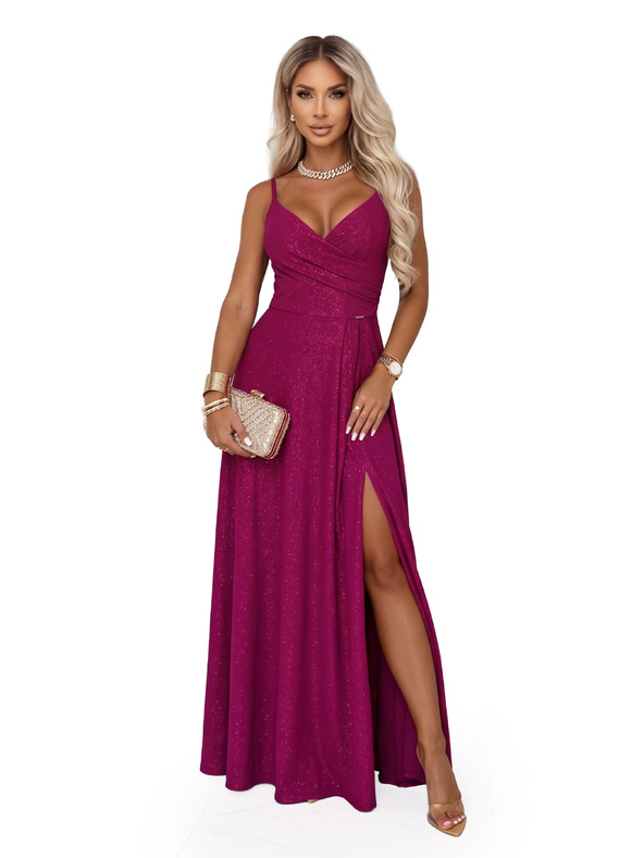 numoco CHIARA Večerné maxi dlhé šaty na ramienka - brokátová fuchsia