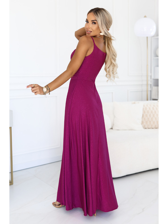 numoco CHIARA Večerné maxi dlhé šaty na ramienka - brokátová fuchsia