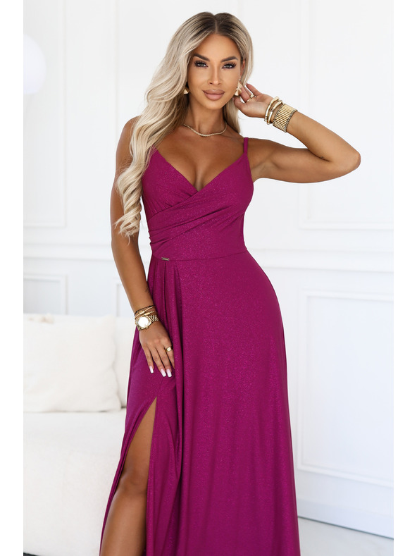 numoco CHIARA Večerné maxi dlhé šaty na ramienka - brokátová fuchsia