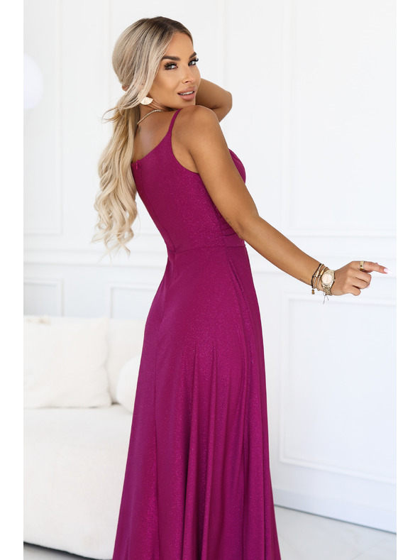 numoco CHIARA Večerné maxi dlhé šaty na ramienka - brokátová fuchsia