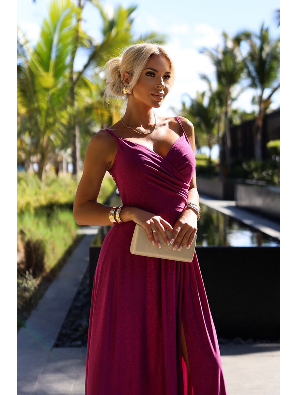 numoco CHIARA Večerné maxi dlhé šaty na ramienka - brokátová fuchsia