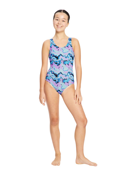 Modibodi Dievčenské menštruačné plavky Modibodi Performance Racerback One Piece Super Marble Blue jednodielne