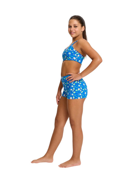Modibodi Dievčenské menštruačné plavky Modibodi Teen Smileyworld Hi Waist Short Boho Botanical Blue spodný diel