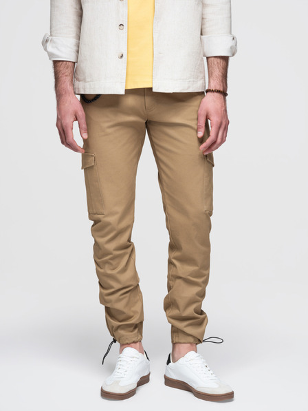 Ombre Clothing Pánske nohavice s nákladovými vreckami a lemom nohavíc - svetlo hnedé V3 P1526 Ombre Clothing