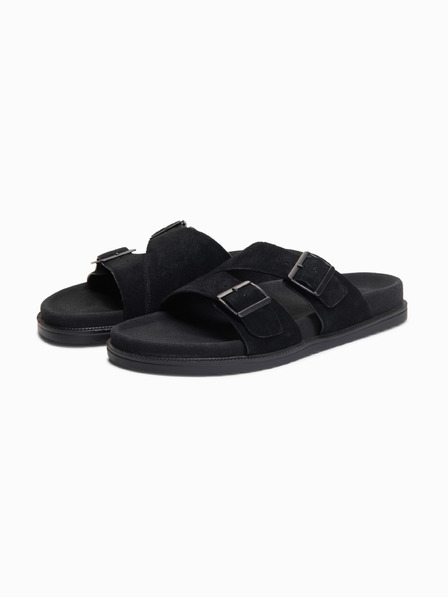Ombre Clothing Pánske žabky z prírodného semiša s nastaviteľnými prackami - čierne V1 OM-FOSF-0249 Ombre Clothing