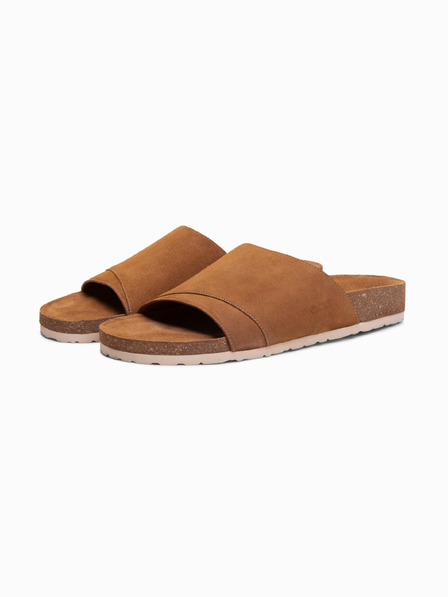 Ombre Clothing Pánske žabky z prírodného semiša s korkovou podrážkou - camel V1 OM-FOSF-0247 Ombre Clothing