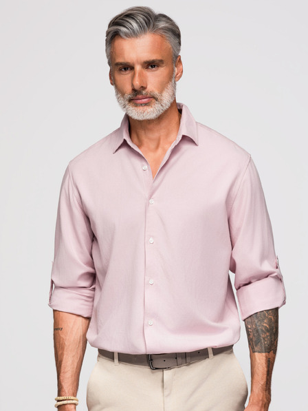Ombre Clothing Pánska košeľa z viskózy a ľanu, strih regular – pastelovo ružová V3 OM-SHCS-0190 Ombre Clothing
