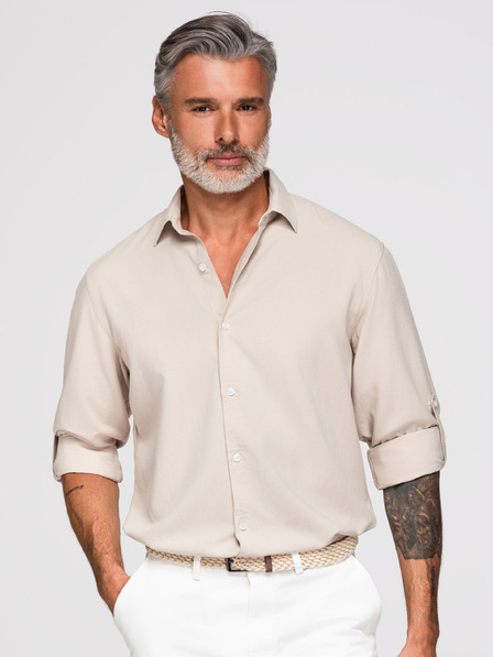 Ombre Clothing Pánska košeľa z viskózy a ľanu, regular strih – béžová V1 OM-SHCS-0190 Ombre Clothing