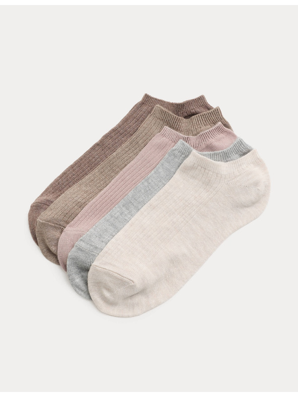 Marks & Spencer Balení 5 super mäkkých rebrovaných krátkych ponožiek Trainer Liners™ Marks & Spencer béžová