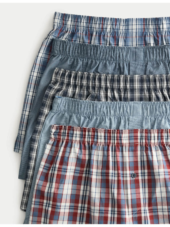 Marks & Spencer Kockované tkaané boxerky z čistej bavlny, 5 ks v balení Marks & Spencer modrá