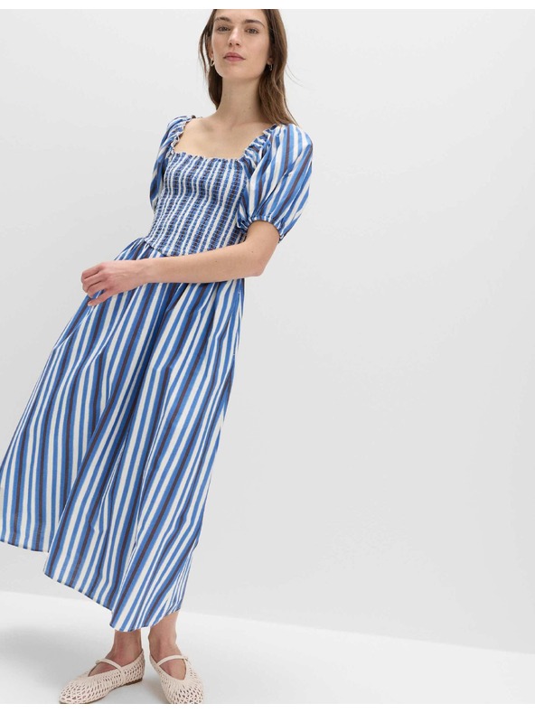 Marks & Spencer Pruhované riasené midi šaty z čistej bavlny Marks & Spencer modrá