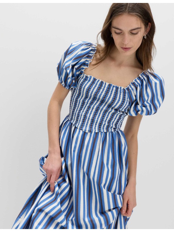 Marks & Spencer Pruhované riasené midi šaty z čistej bavlny Marks & Spencer modrá