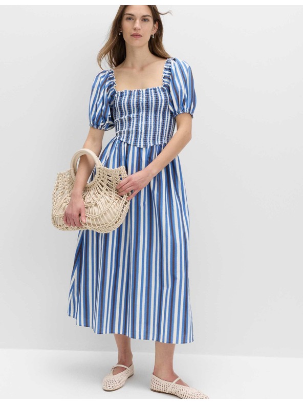 Marks & Spencer Pruhované riasené midi šaty z čistej bavlny Marks & Spencer modrá