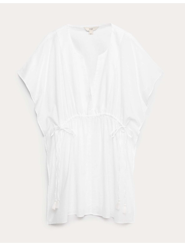 Marks & Spencer Kaftan mini šaty z čistej bavlny s ozdobným viazaním Marks & Spencer biela
