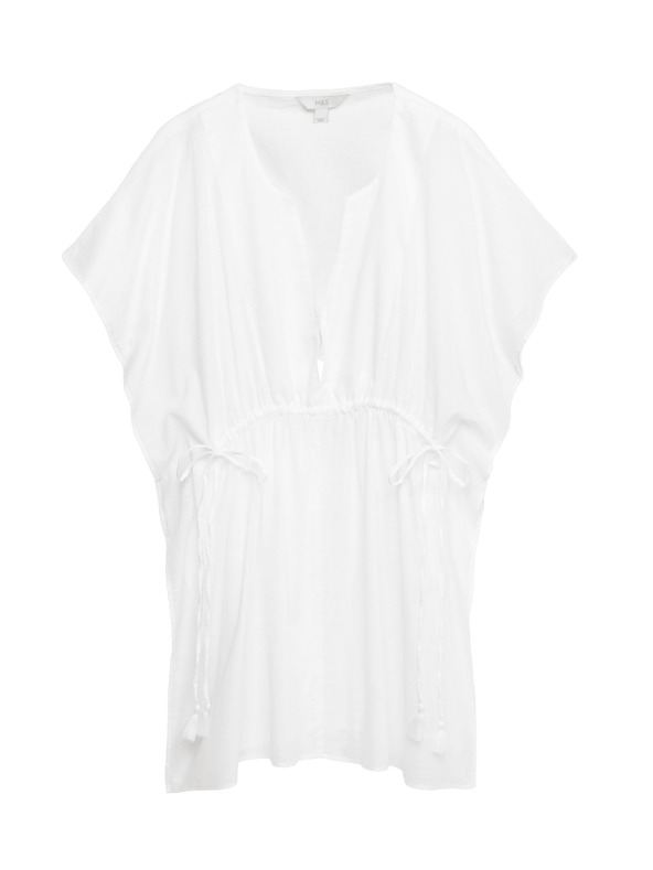 Marks & Spencer Kaftan mini šaty z čistej bavlny s ozdobným viazaním Marks & Spencer biela