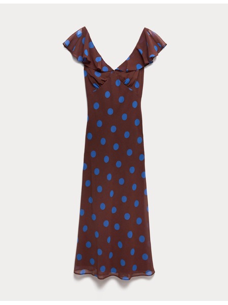 Marks & Spencer Bodkované midi puzdráče šaty, s volánovými rukávmi, s výstrihom do V Marks & Spencer hnedá