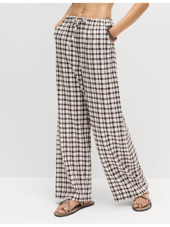 Marks & Spencer Nohavice z materiálu Gingham, s vysokým podielom ľanu so širokými nohavicami Marks & Spencer hnedá