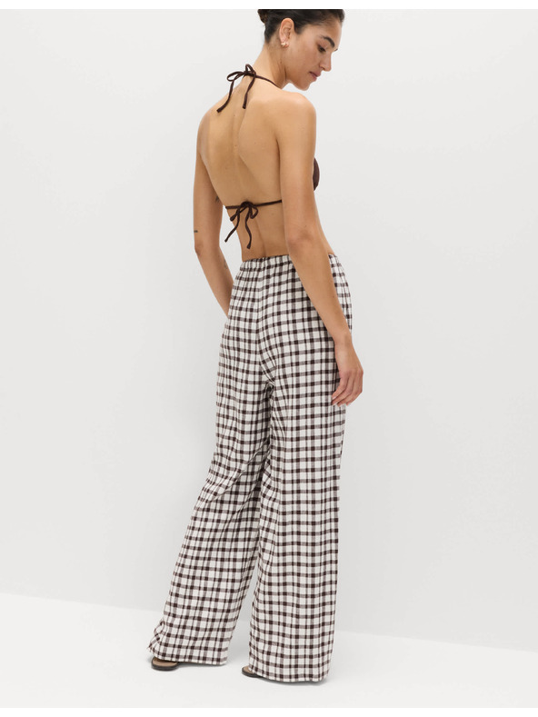 Marks & Spencer Nohavice z materiálu Gingham, s vysokým podielom ľanu so širokými nohavicami Marks & Spencer hnedá