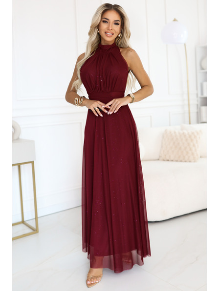 numoco VERONICA luxusné dlhé šaty s brokátovým akcentom a elegantným strihom - burgundy