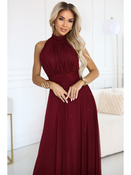 numoco VERONICA luxusné dlhé šaty s brokátovým akcentom a elegantným strihom - burgundy